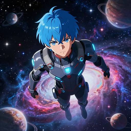 Digital anime-style artwork of a blue-haired, blue-eyed boy in a futuristic black and blue spacesuit, floating above a glowing galaxy with planets and stars