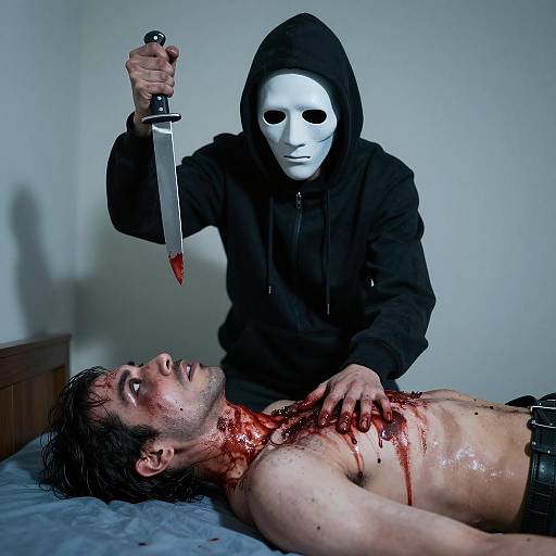 Masked Person Holding Knife Over Bloodied Man