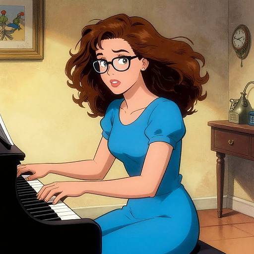 Digital illustration of a brown-haired woman with glasses, wearing a blue dress, playing a piano in a warmly lit room.