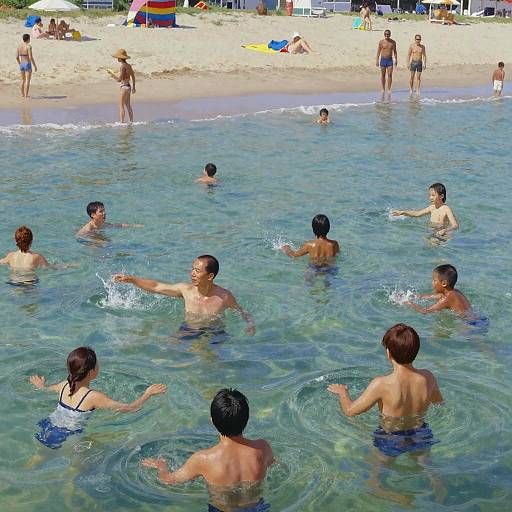 People Swimming and Playing at a Sunny Beach