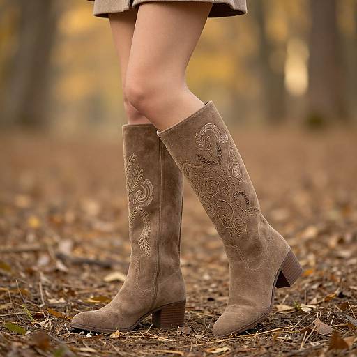 Photograph of a person's legs in brown, embroidered, knee-high suede boots with block heels, standing on an autumn forest floor.