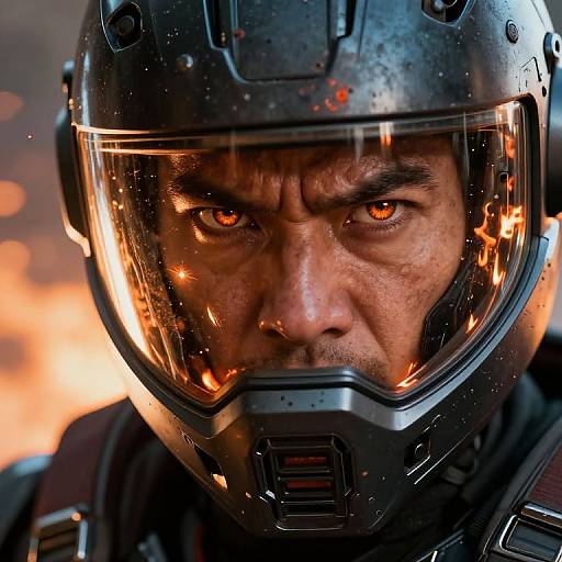 Close-up photograph of a rugged, intense man with glowing orange eyes, wearing a black, reflective helmet with visible sparks, against a fiery orange background.