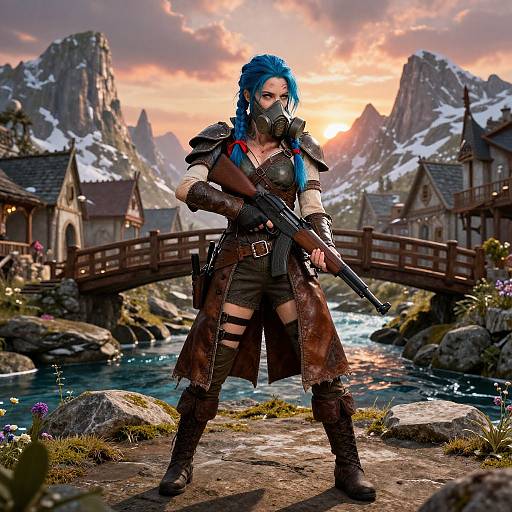 Digital fantasy artwork of a blue-haired warrior woman with gas mask, leather armor, and gun, standing on a rocky bridge at sunset, surrounded by snow