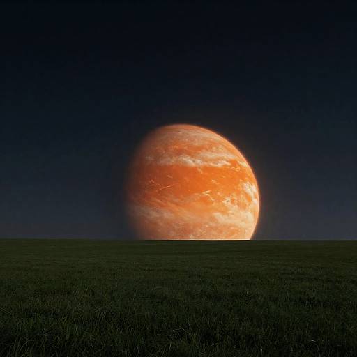 Gigantic Orange Planet Over Green Field
