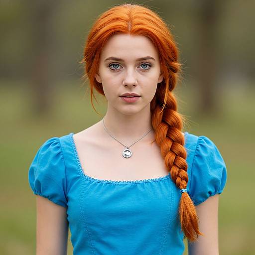 Photograph of a young woman with vibrant red hair in a long braid, wearing a blue dress with puffed sleeves, set against a blurred green