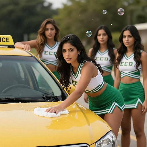 Cheerleader Squad Washing a Car