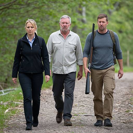 Photograph of three adults walking on a forest path: blonde woman in black, bearded man in white shirt, muscular man in gray shirt holding rifle