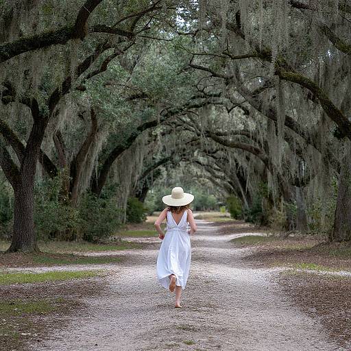 Woman Running Through Oak Tree Tunnel