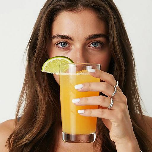Photograph of a woman with long brown hair, blue eyes, white nails, and silver rings, drinking an orange juice with a lime slice.