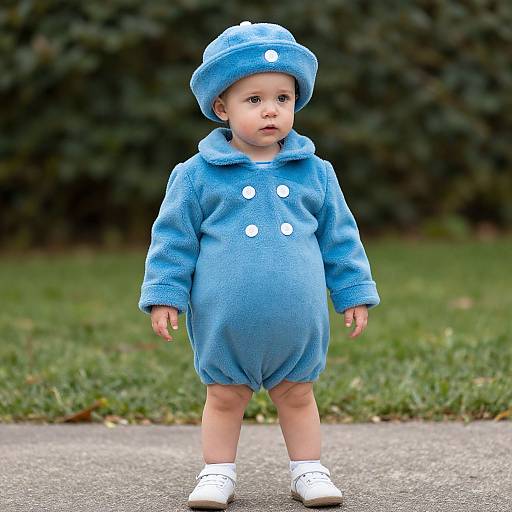 Photograph of a baby standing outdoors, wearing a blue, plush, hooded romper with white buttons and white shoes, against a blurred green and
