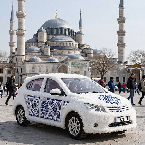 Photograph of a white car with blue intricate patterns, parked in front of a large, historic mosque with multiple domes and minarets. People