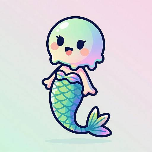 Cute, cartoon-style mermaid with a white, round head and blushing cheeks, green and blue shimmering tail, simple black eyes, and