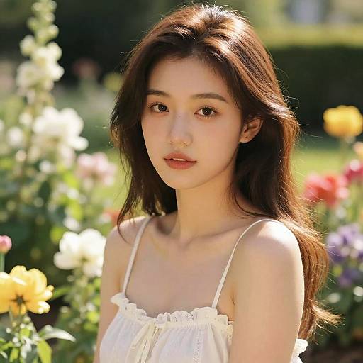 Photograph of a young Asian woman with long, brown hair, wearing a white, sleeveless, floral dress, standing in a sunlit garden filled