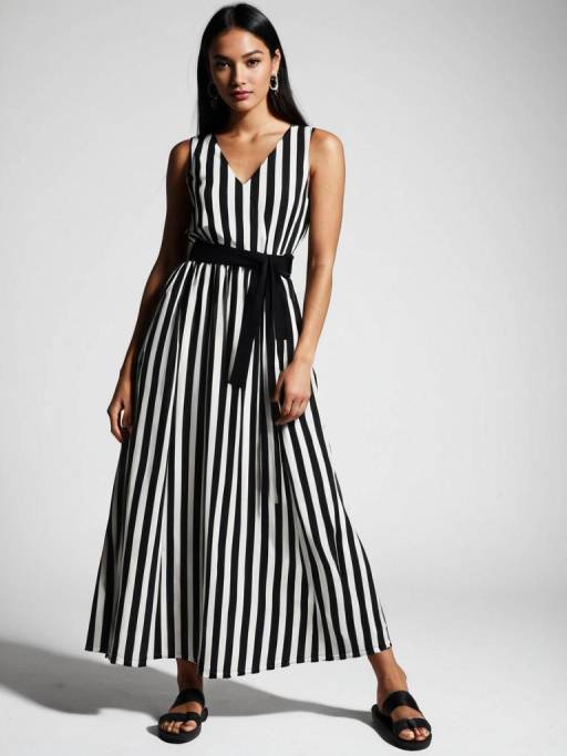 Woman in Black and White Striped Maxi Dress