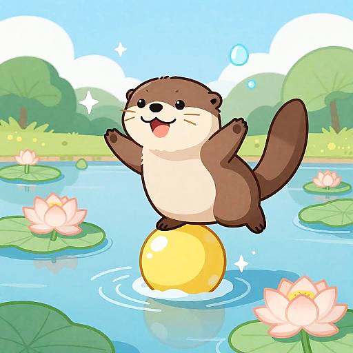 Cheerful Otter Balancing on Ball by Lotus Pond