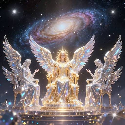 Glowing, winged celestial queen statue with two flanking angel figures, illuminated by bright lights, against a starry night sky with a visible