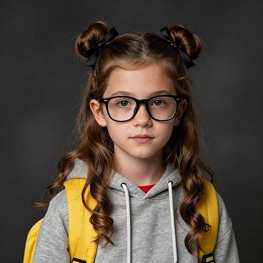 Photograph of a young girl with long brown hair in double buns, black glasses, gray hoodie, yellow backpack, and black background.