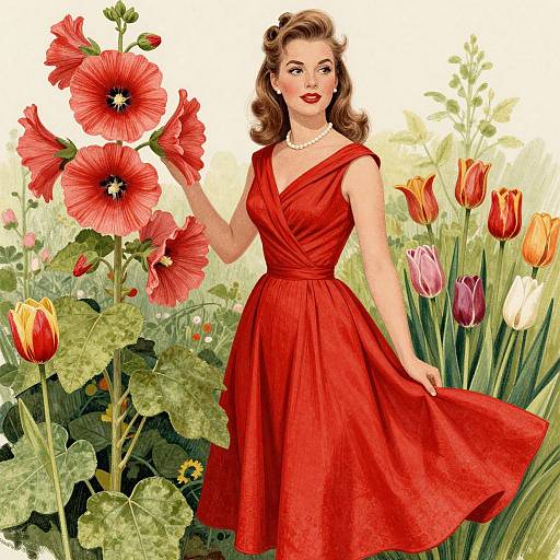 Vintage-style illustration of a woman in a red dress holding large red poppies, surrounded by colorful tulips in a lush garden.