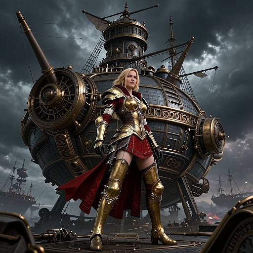 Digital art of a blonde, armored warrior woman standing confidently in front of a steampunk battleship with large cannons, under a stormy sky.