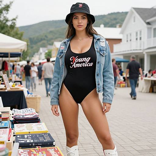 Photograph of a young woman with tan skin, black cap, denim jacket, black 