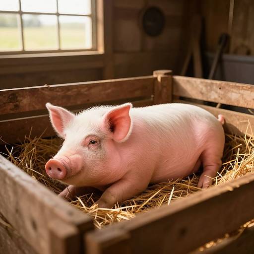 Photograph of a pink piglet lying on straw in a wooden crate, bathed in sunlight from a window in a rustic barn.
