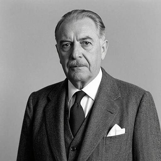 Black-and-white photograph of an elderly man with slicked-back hair, mustache, wearing a dark suit, white shirt, tie, and pocket square