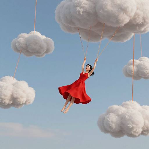 Digital art: A woman in a red dress hangs from fluffy white clouds by thin strings against a bright blue sky.