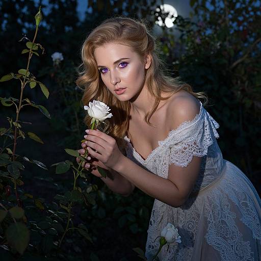 Photograph of a blonde woman with wavy hair, wearing an off-shoulder lace dress, holding a white flower at night, illuminated by moon