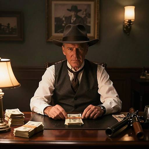 Photograph of a serious, middle-aged man in a white shirt, black vest, and hat, counting money at a dimly lit wooden desk,
