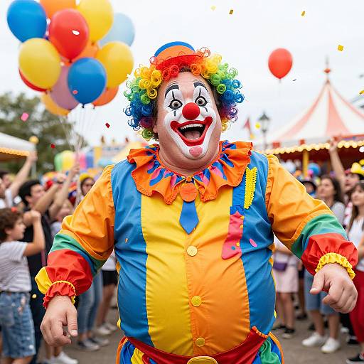 Photograph of a joyful, chubby clown with colorful wig, red nose, orange-yellow-blue costume, and balloon backdrop, engaging a festive crowd.