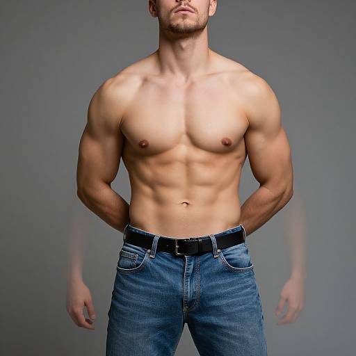 Photograph of a muscular, shirtless man with light skin, wearing blue jeans and a black belt, standing against a gray background.