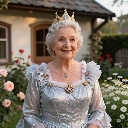 Photograph of an elderly white woman with short white hair, wearing a sparkling silver dress, white puffed sleeves, floral brooches, and a