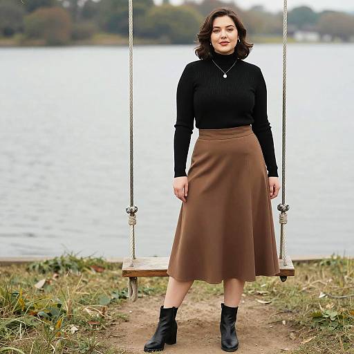 Elegant Woman by Lake in Classic Outfit