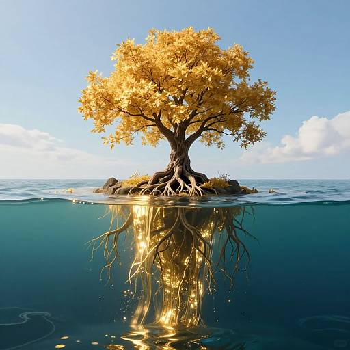 Digital artwork of a golden-leaved tree with exposed roots, floating on calm water, reflecting its image, under a clear blue sky.