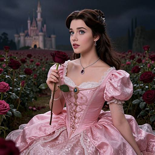 Photograph of a fair-skinned, dark-haired princess in a pink, lace-trimmed ball gown holding a red rose, with a castle and