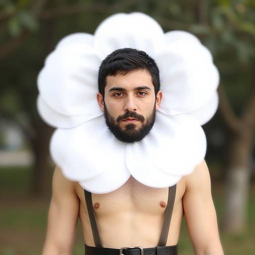 Photograph of a bearded man with dark hair, shirtless, wearing suspenders, with a large white cloud obscuring his head, set against