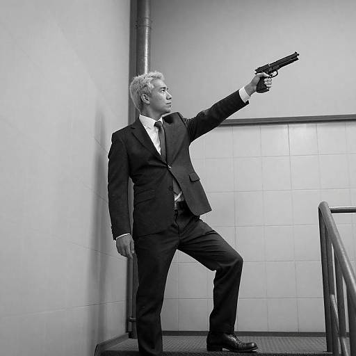 Man in Suit Pointing Gun Indoors