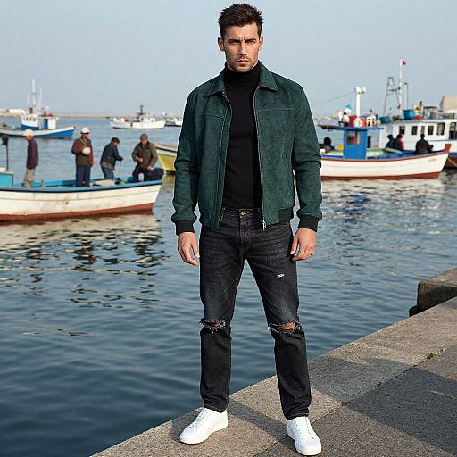 Photograph of a serious, dark-haired man in a green denim jacket, black turtleneck, and ripped jeans, standing on a dock with white