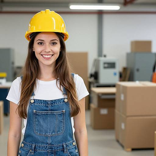 Photograph of a smiling young woman with long brown hair, wearing a yellow hard hat, white shirt, and blue denim overalls, standing in a