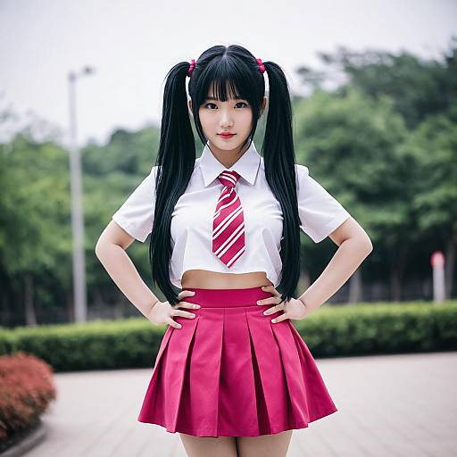 Young Woman in Pink Skirt and Twintails