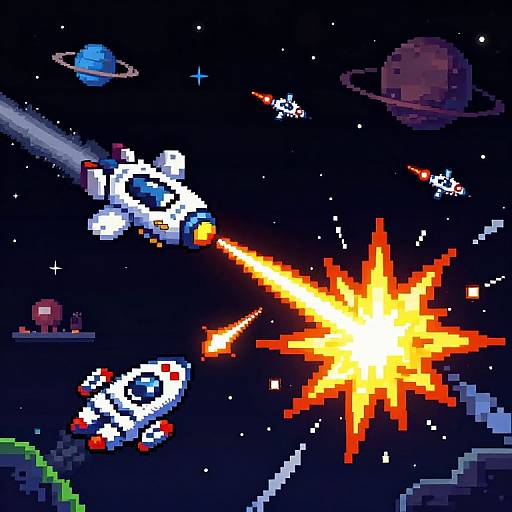 Pixel art space battle: spaceships firing, explosive orange-yellow blast, planets, stars, and asteroids in dark space background. Vibrant, retro 