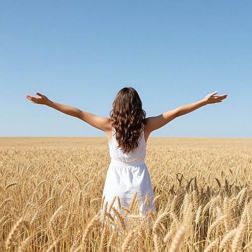 Photograph of a woman with long, wavy brown hair in a white dress, arms outstretched, standing in a golden wheat field under a