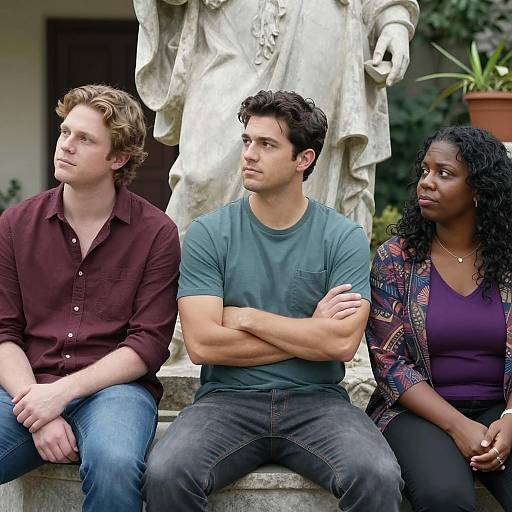 Three People Sitting by Stone Statue