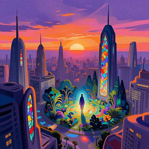 Digital artwork of a vibrant cityscape at sunset, featuring colorful stained glass skyscrapers, a glowing central garden, and a lone silhouetted