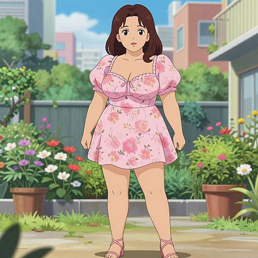 Digital anime-style drawing of a curvy woman with shoulder-length brown hair, wearing a pink floral dress and pink sandals, standing in a sunny urban garden