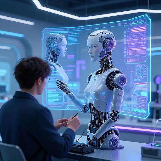 Photorealistic CGI of a male scientist interacting with a futuristic, blue-lit humanoid robot displaying holographic data screens in a high-tech lab.