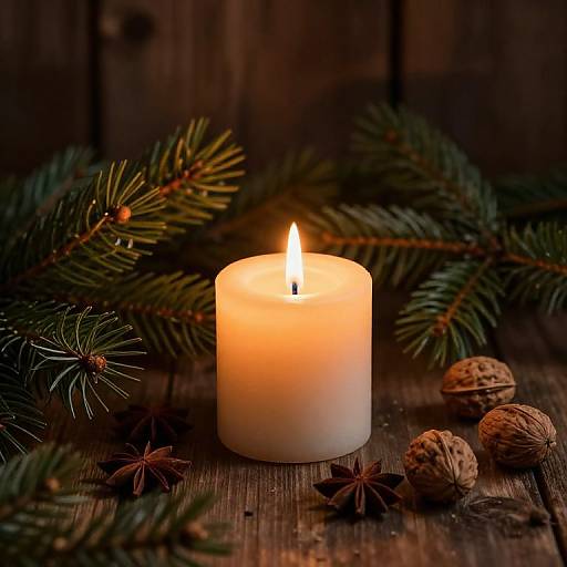 Photograph of a lit white candle surrounded by pine branches, walnuts, and star anise on a rustic wooden surface.
