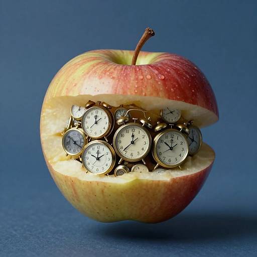 Photograph of a sliced apple with nine small, gold wristwatches embedded inside, against a solid blue background.