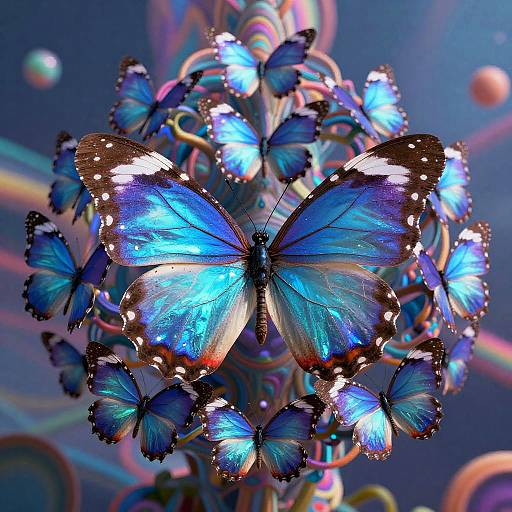 Vibrant photograph of a central blue butterfly with black and white-spotted edges, surrounded by similarly colored butterflies, against a colorful, abstract background.