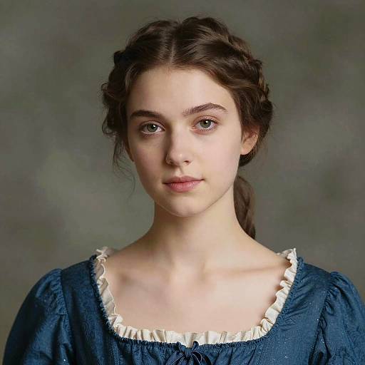 Photograph of a young woman with fair skin, green eyes, and dark brown hair in a loose braid, wearing a blue dress with white r